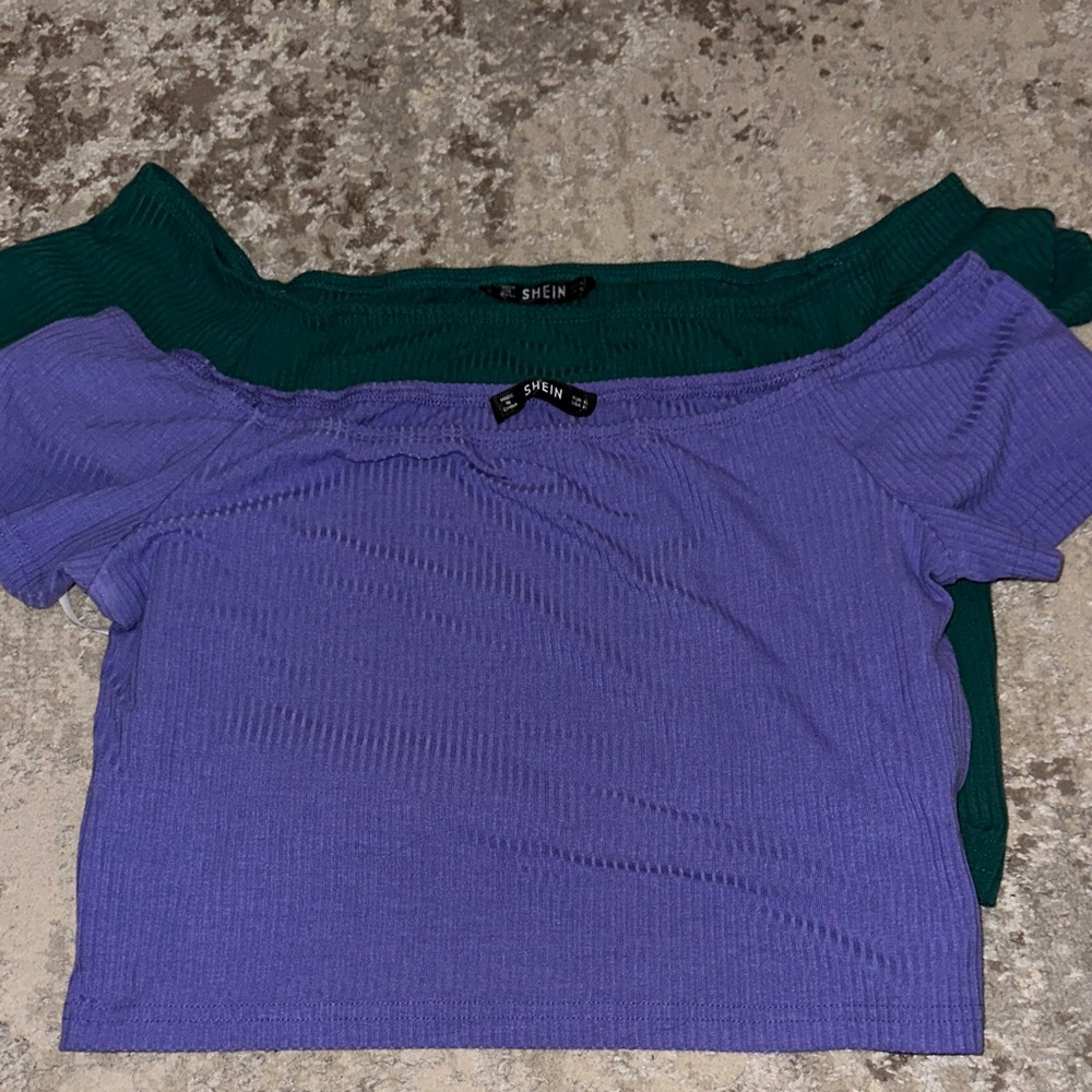 SHEIN Off-Shoulder Tops in Purple and Green